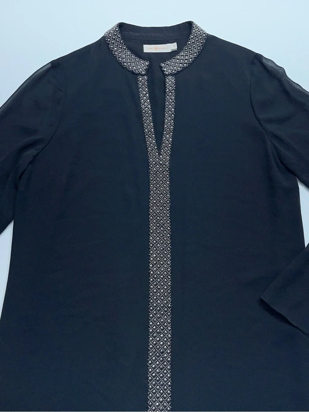 Tory Burch Silk Blouse Womens Size 10 Black Embellished Long Sleeve Front Lined
